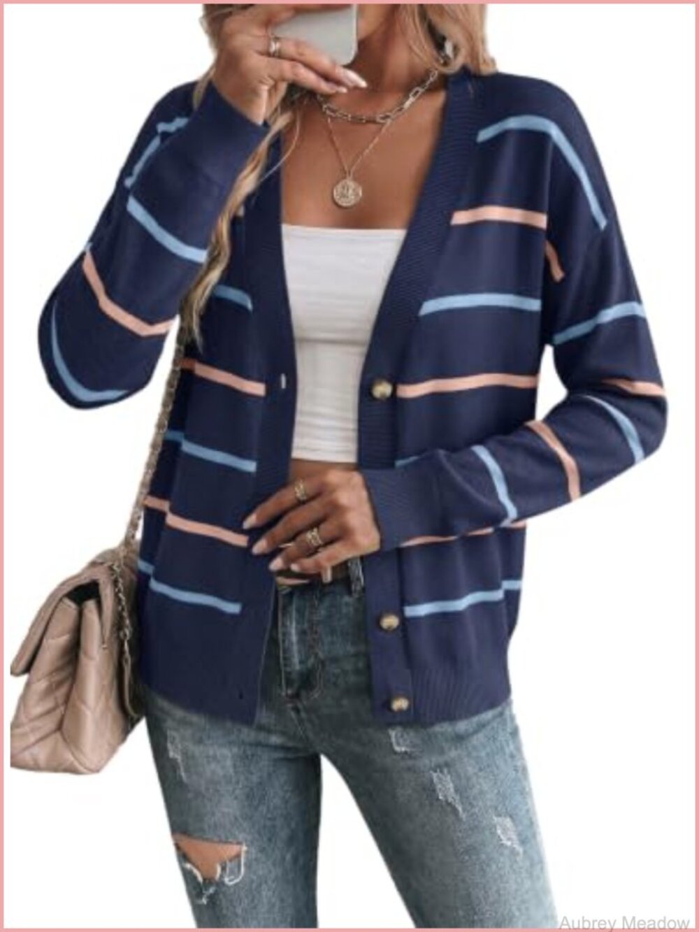 Striped Cropped Cardigan Sweater V-Neck Button Down Long Sleeve